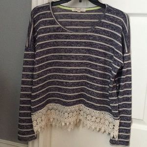 Navy and cream striped sweater with lace detail